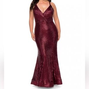 La Femme Curve Sequin Gown Criss Cross Back Maroon Red Dress Plus Size 18 T2